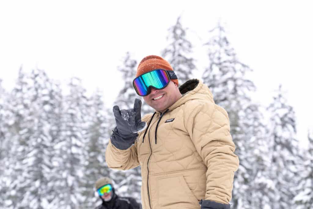 Person stoked for a Cascade powder day at Willamette Pass Ski Resort